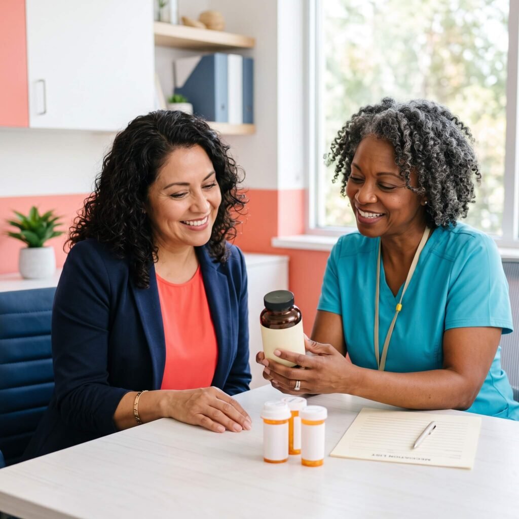Midlife patient and female clinician reviewing a lion’s mane supplement and generic medications
