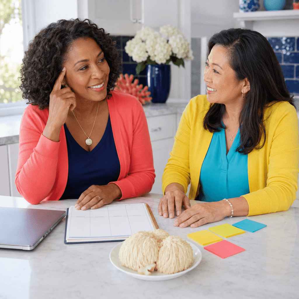 Two smiling midlife women discussing memory strategies