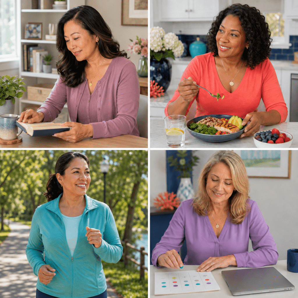 Midlife women representing nutrition, stress management and symptom tracking
