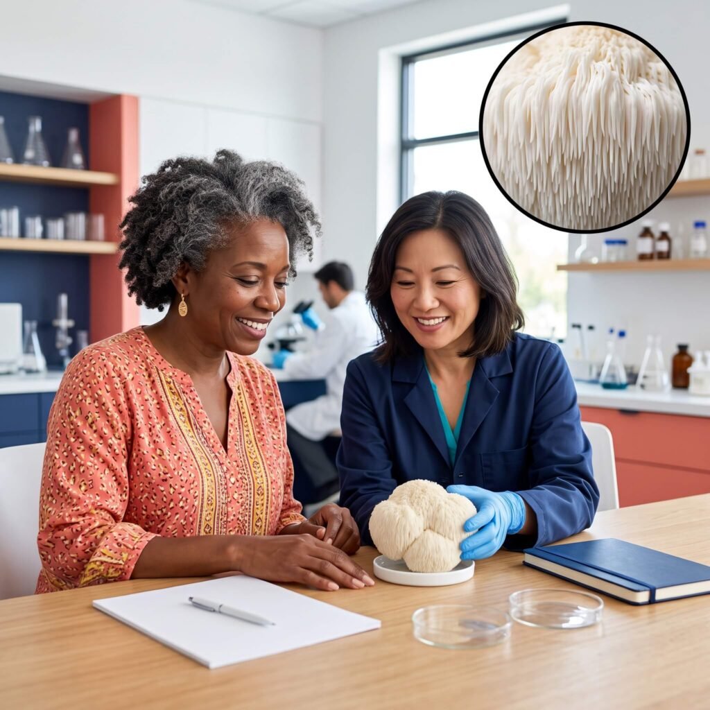 Midlife woman and researcher examining lion’s mane mushroom