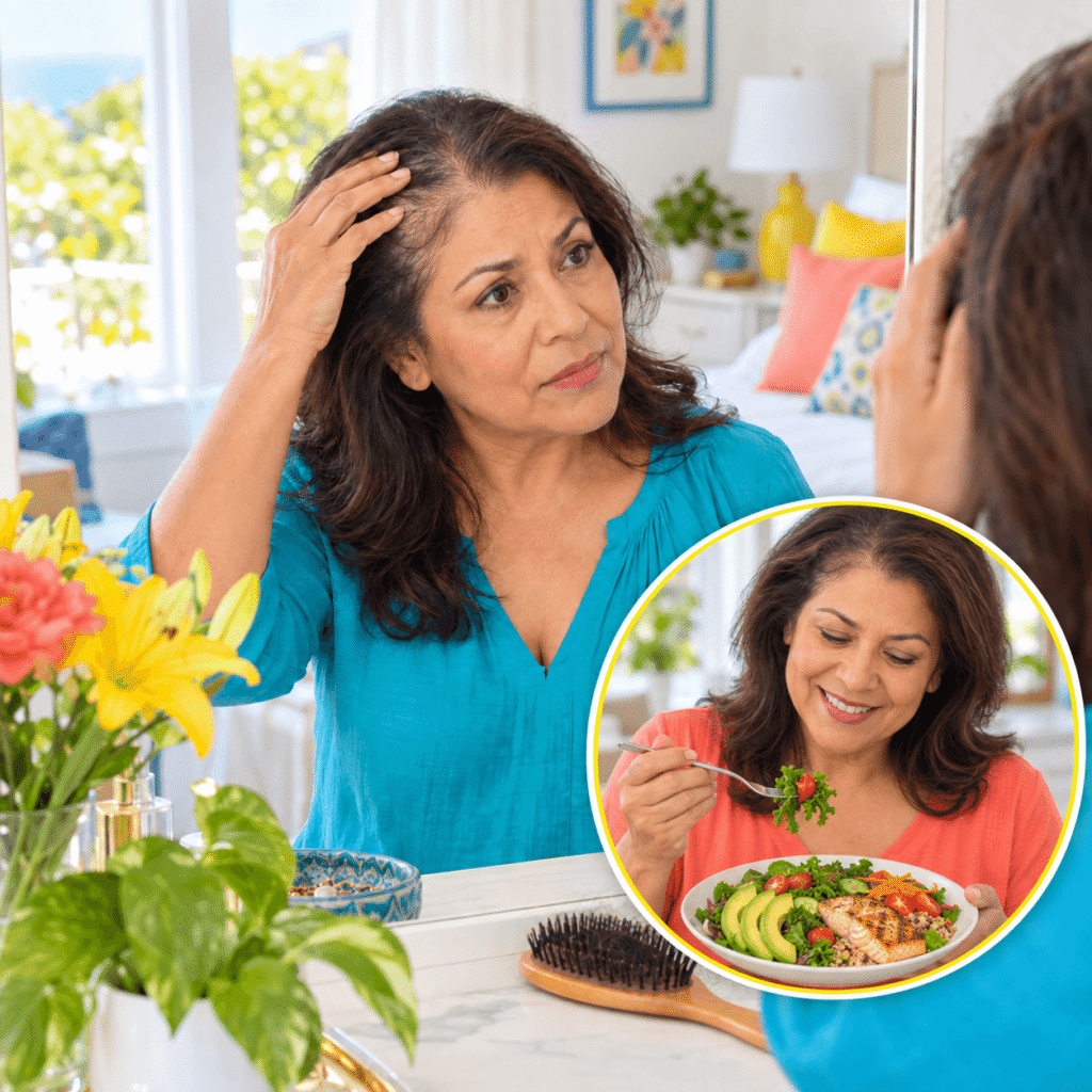 Woman Examining Menopausal Hair Thinning In A Mirror