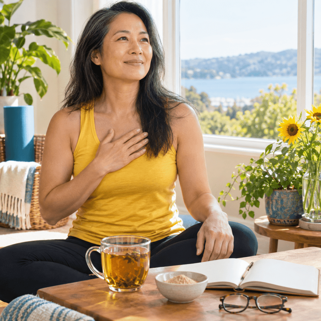 Asian Woman Practicing Calm Breathing Beside Maca Powder Tea And A Wellness Journal