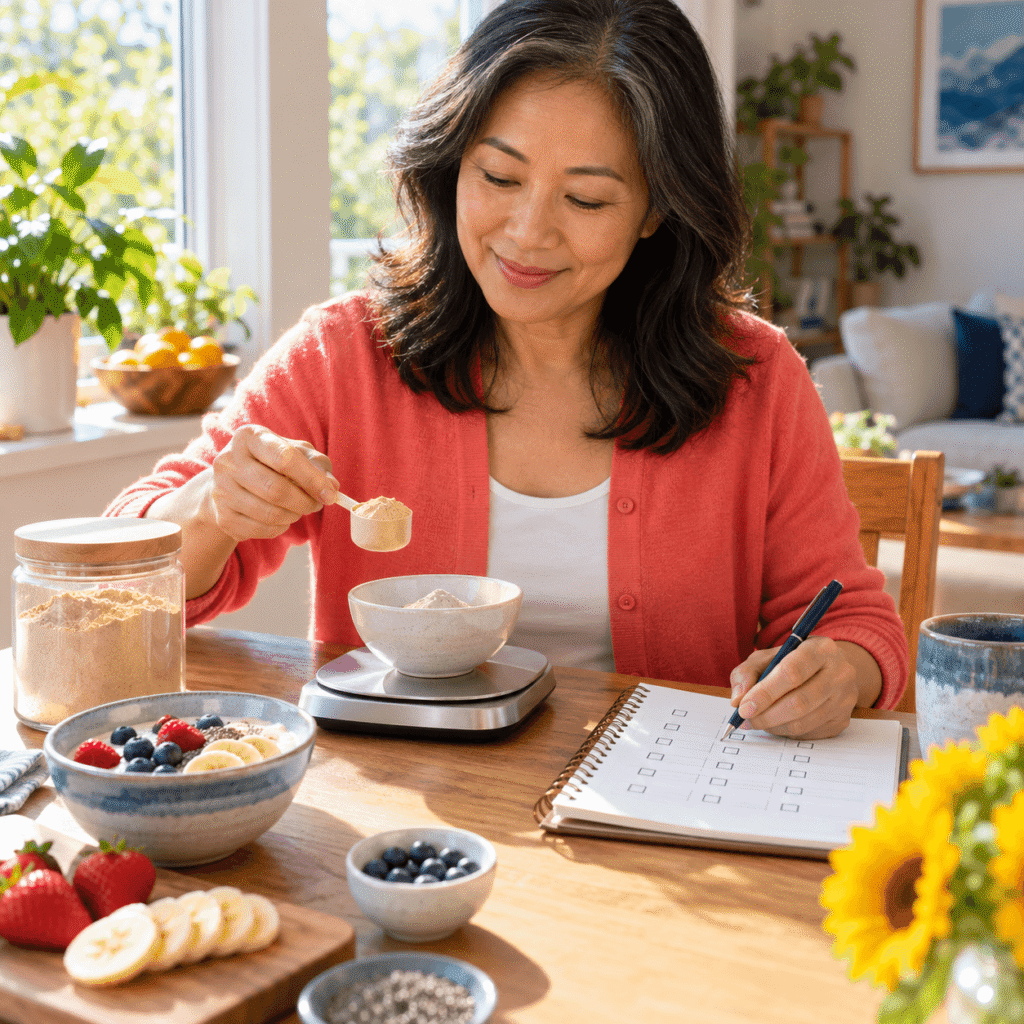 Asian Woman Measuring Maca Powder And Tracking Her Weekly Menopause Wellness Routine