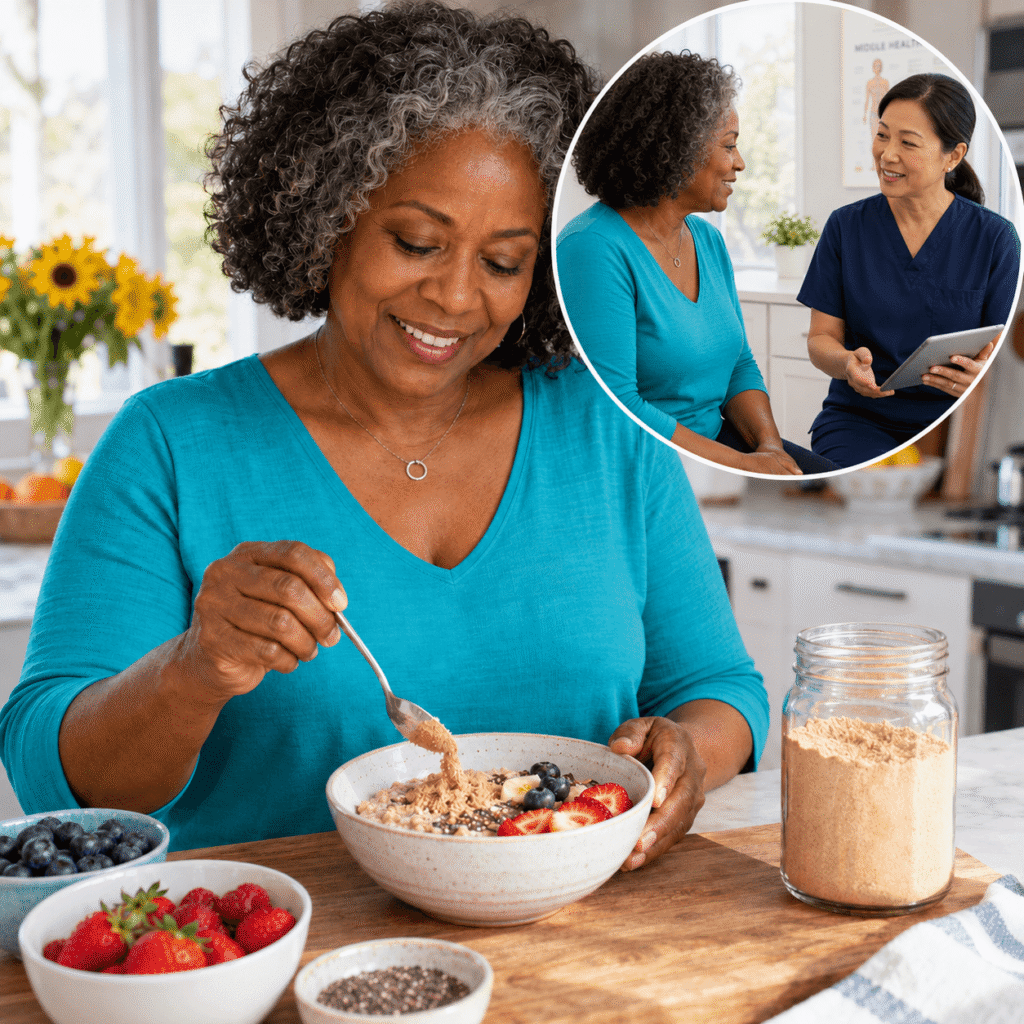 Black Woman Adding Maca Powder To Breakfast With Peruvian Maca Plants Shown In An Inset