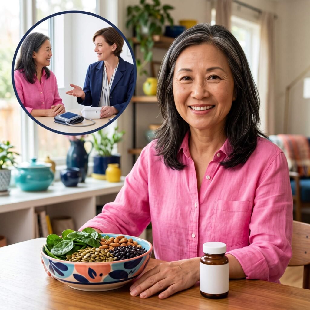 Asian woman over 50 discussing blood pressure and magnesium safety with a healthcare professional
