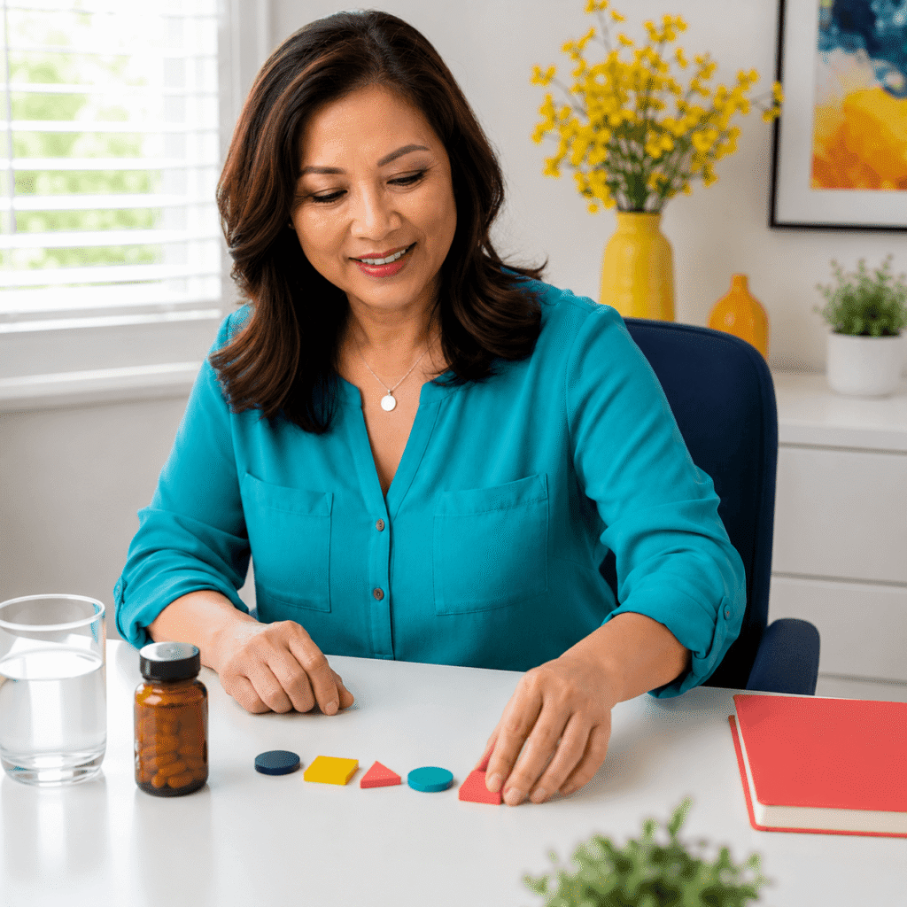 Midlife woman calmly completing a planning task at home