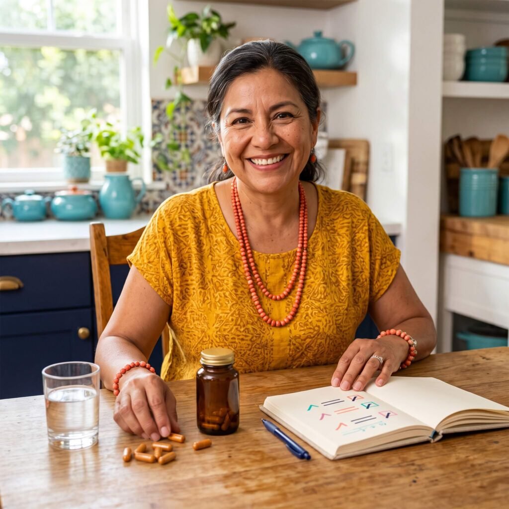 Midlife woman organizing a magnesium supplement, water and symptom journal