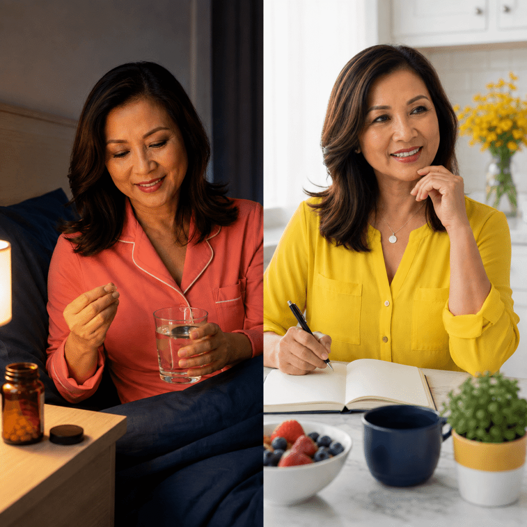 Split scene of a midlife woman resting at night and feeling alert the following morning