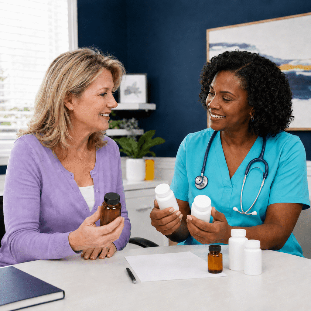 Midlife woman discussing a magnesium supplement and medications with a female clinician