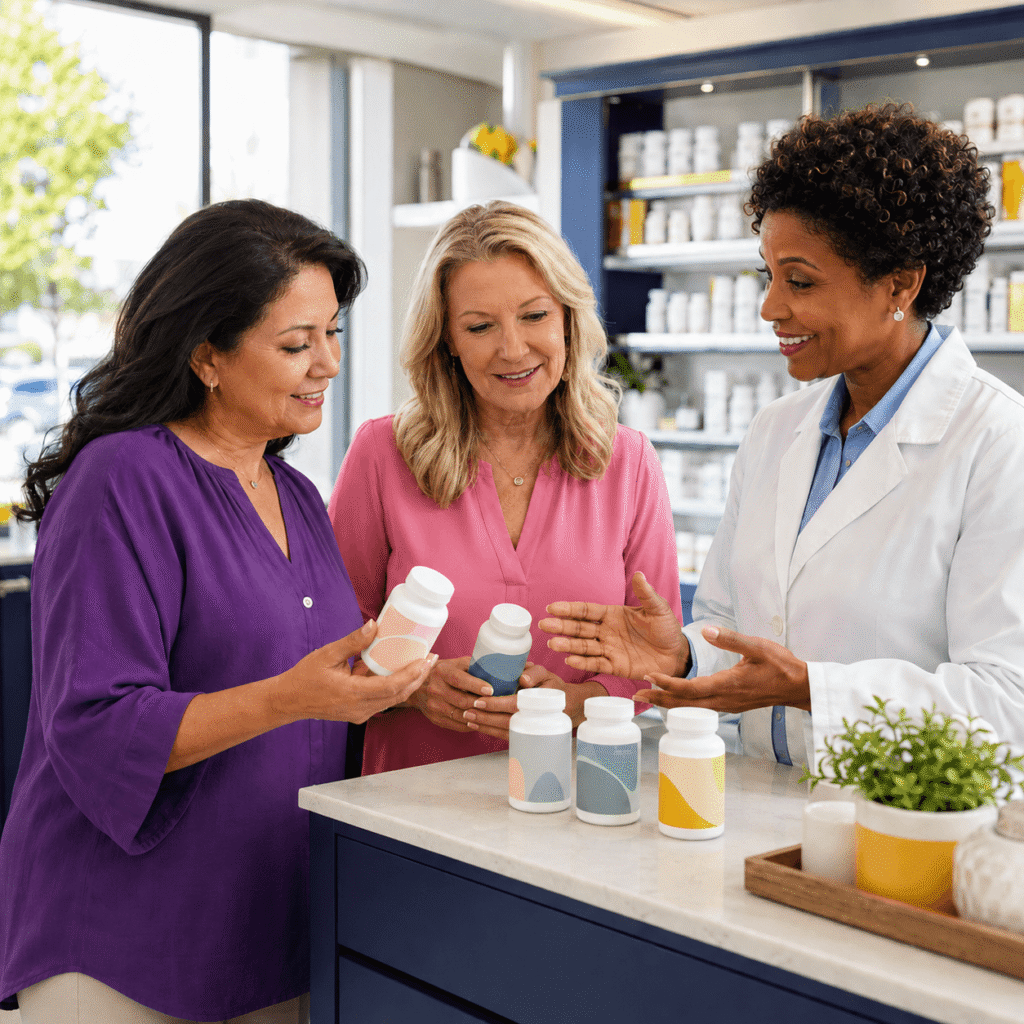 Three midlife women comparing different magnesium supplement options