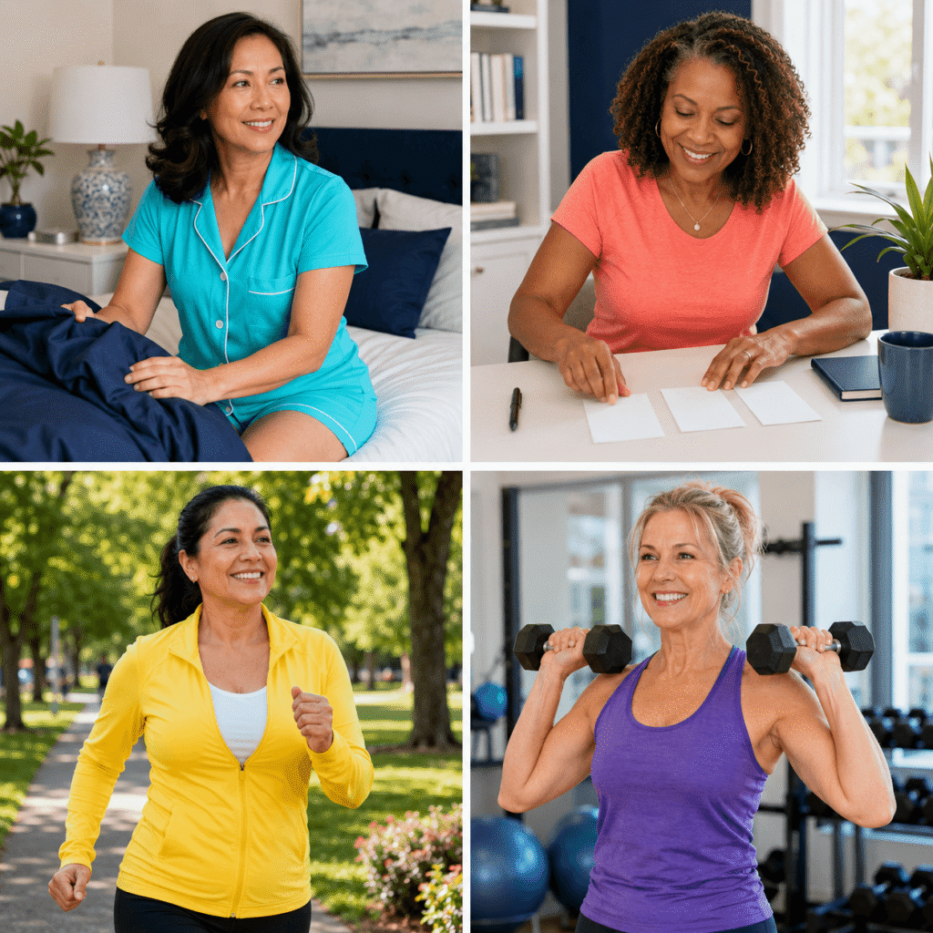 Four midlife women using sleep, planning, walking and strength-training habits for mental clarity.
