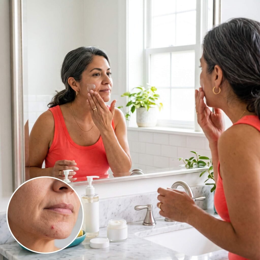Perimenopausal Woman Managing Facial Dryness And Chin Acne With Gentle Skincare
