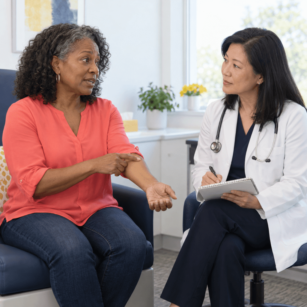 Woman Discussing Worsening Electric Shock Sensations With A Doctor