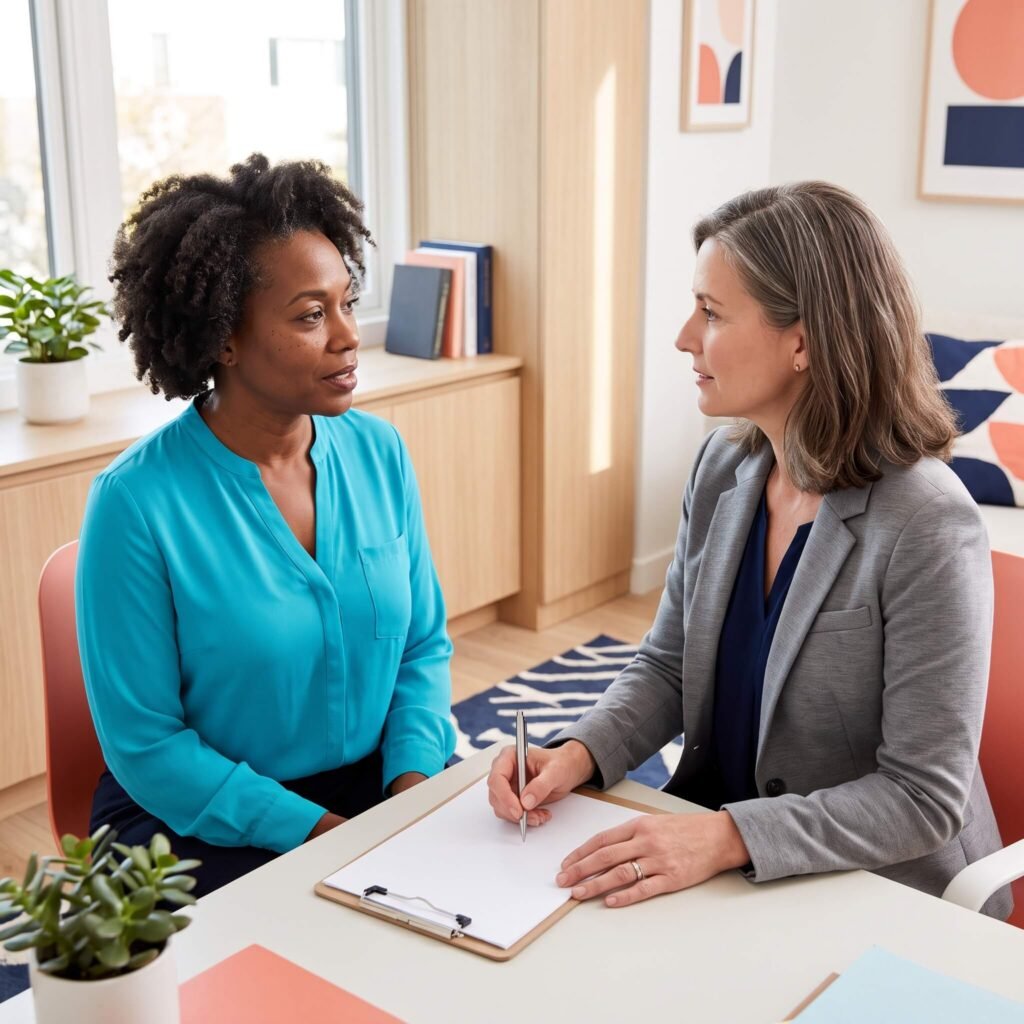 Menopausal Woman Discussing Workplace Limitations With Her Clinician