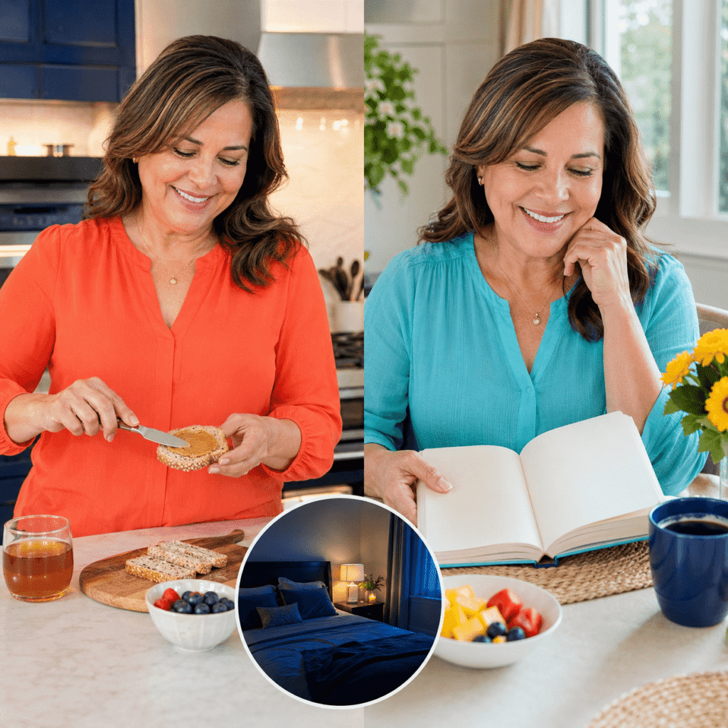 Mexican American woman in her early 50s preparing a small balanced evening snack and reviewing her sleep routine