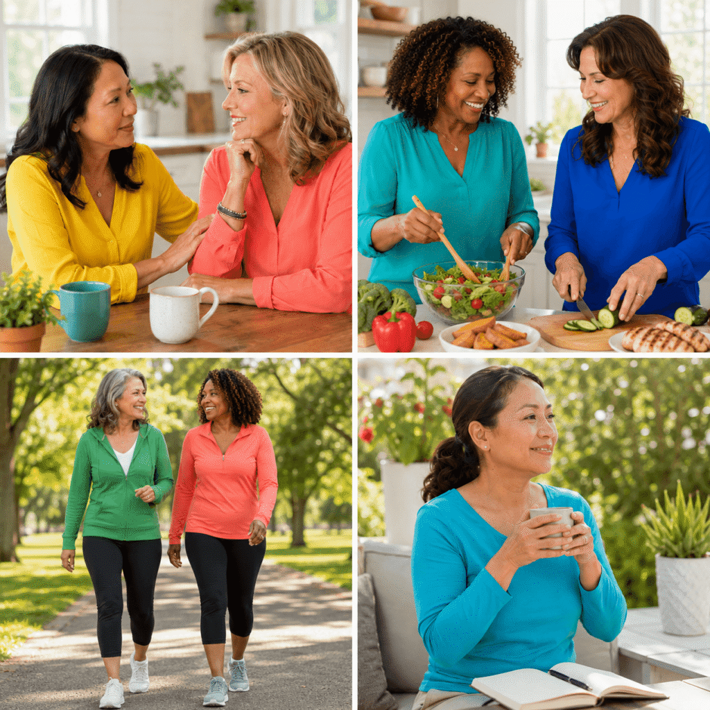 Two women calmly reconnecting after using a pause during menopause anger
