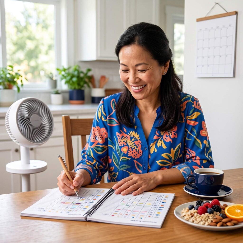 Woman tracking menopause anxiety sleep caffeine and hot-flash patterns