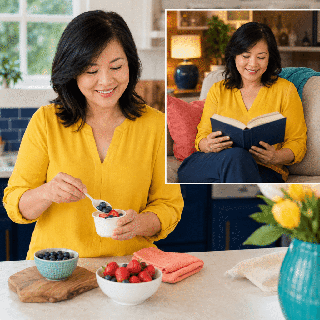 Asian American woman in her late 40s preparing a small evening snack as part of a calm bedtime routine