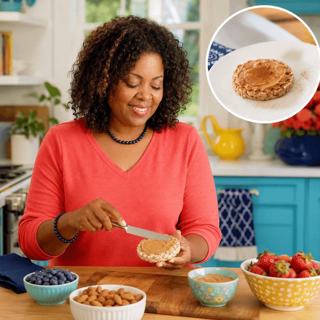 African American woman in her 50s spreading almond butter on a small whole-grain oatcake