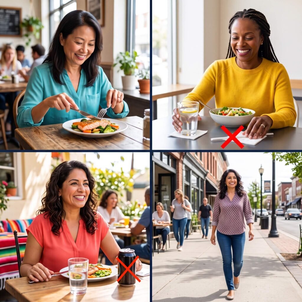 Diverse midlife women showing everyday situations that can contribute to bloating after meals