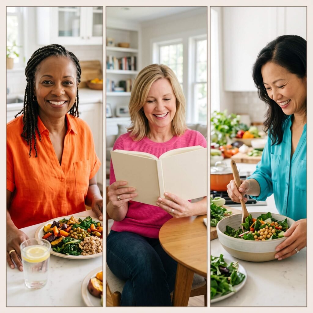 Three women considering different possible causes of menopause-related bloating