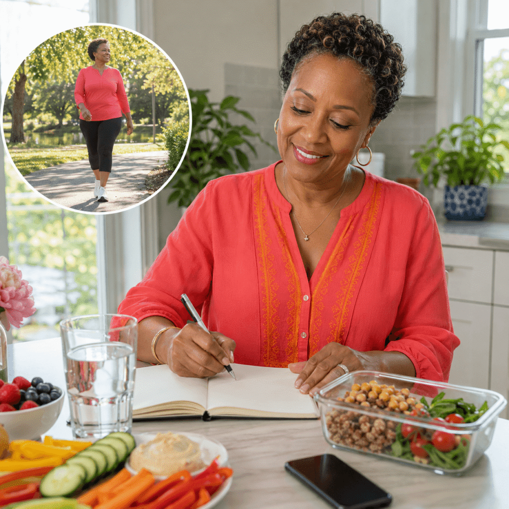 Woman tracking meals and digestive symptoms as part of a seven-day bloating experiment