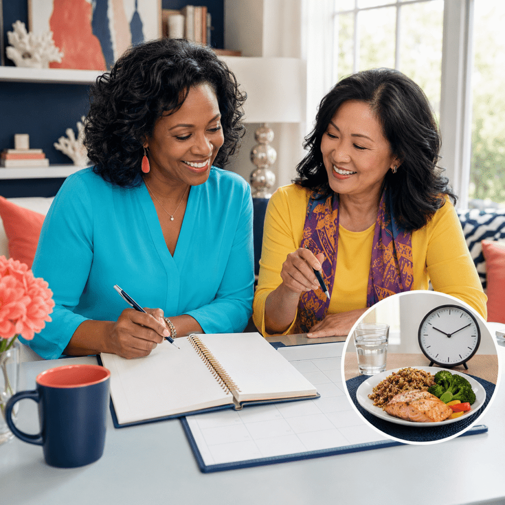 Midlife women reviewing a blank meal and symptom journal together