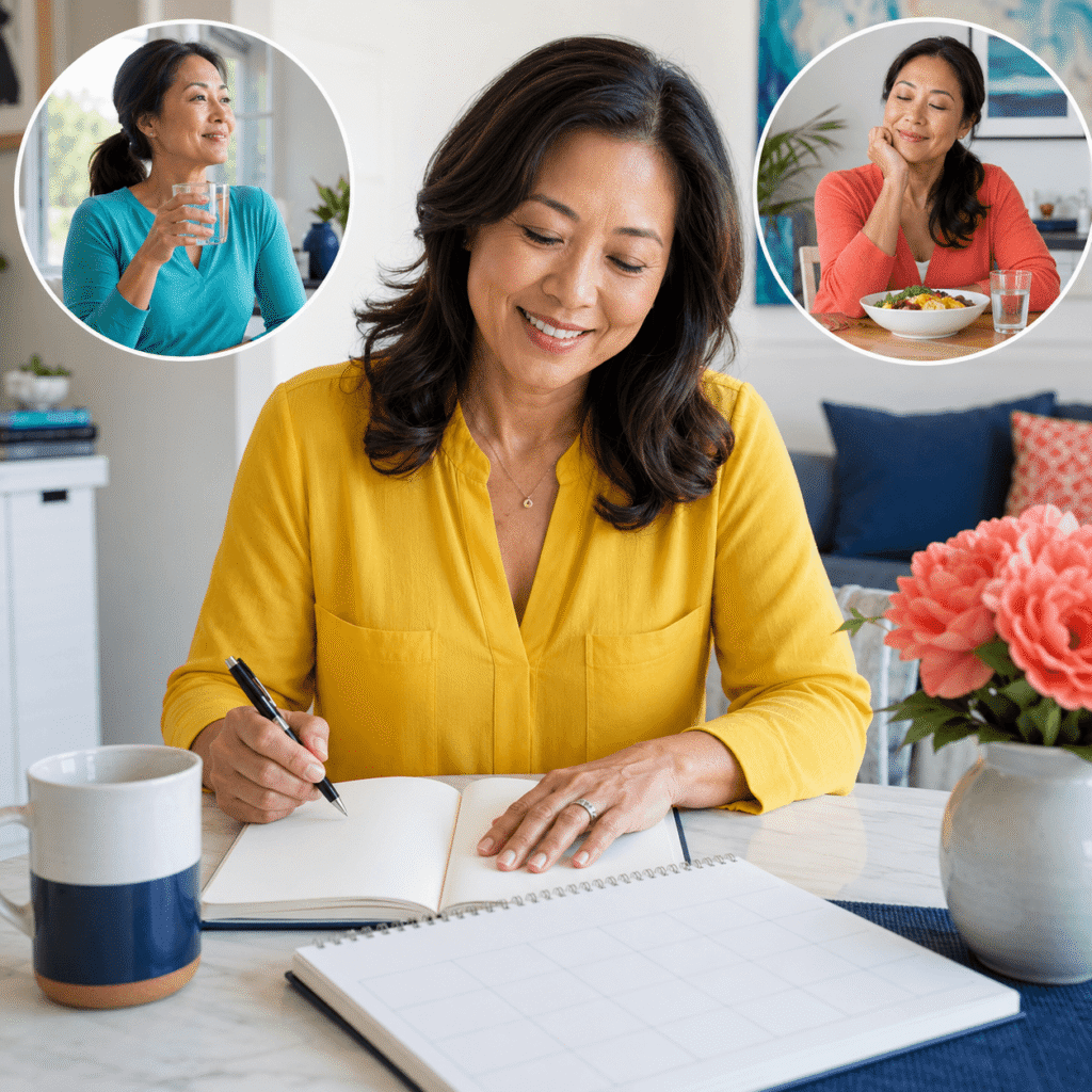 Woman using a calendar and symptom journal to compare morning and evening bloating patterns