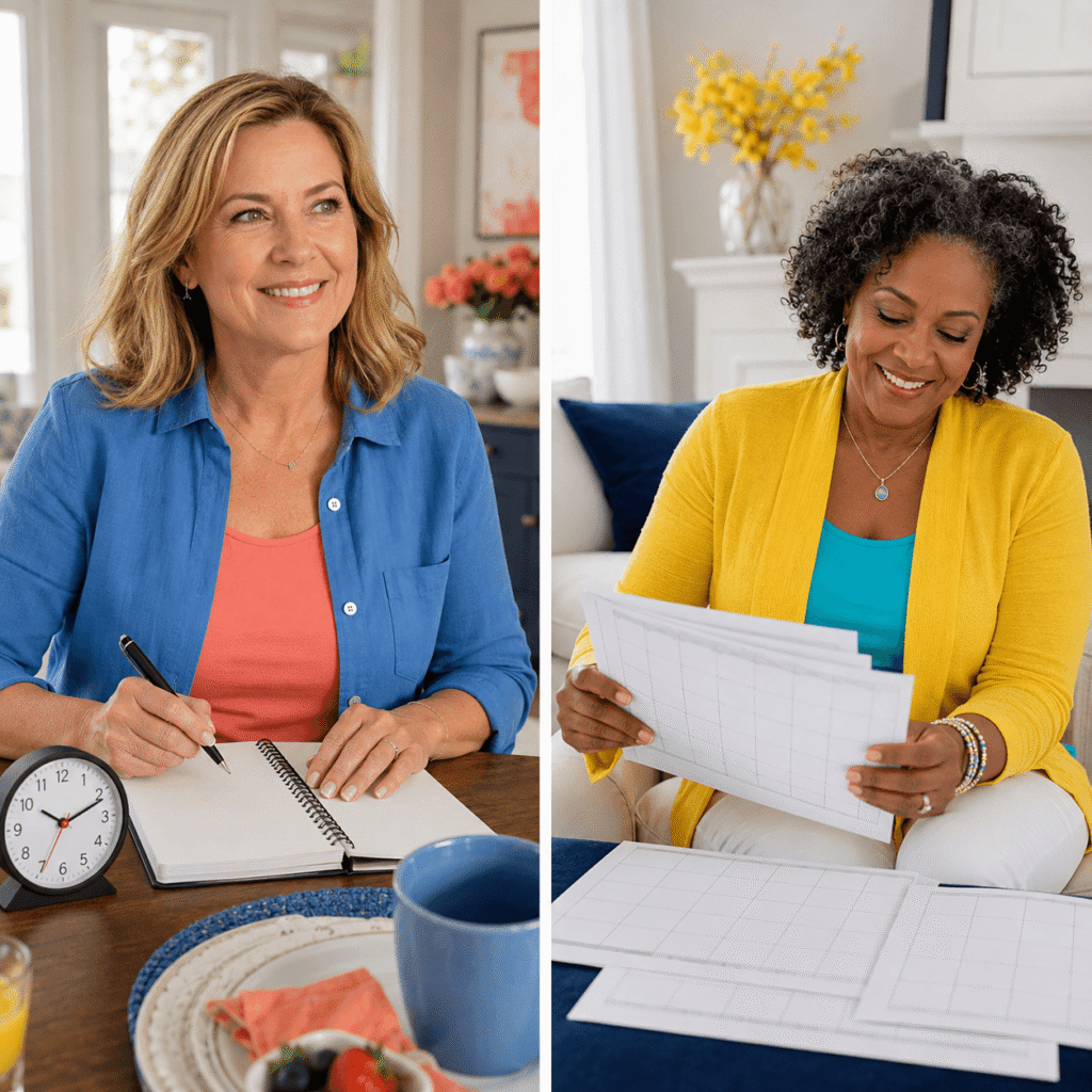 Two midlife women comparing meal timing and longer-term body-change patterns in a journal