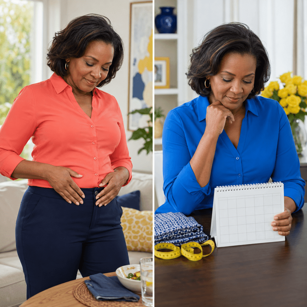 Woman comparing temporary waistband tightness after a meal with longer-term waist tracking on a calenda