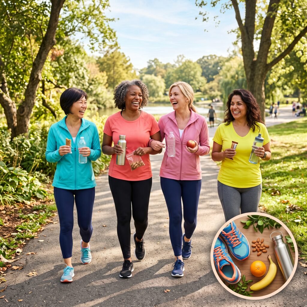 Four diverse women walking together outdoors with healthy snacks and water as part of a menopause bone health lifestyle.
