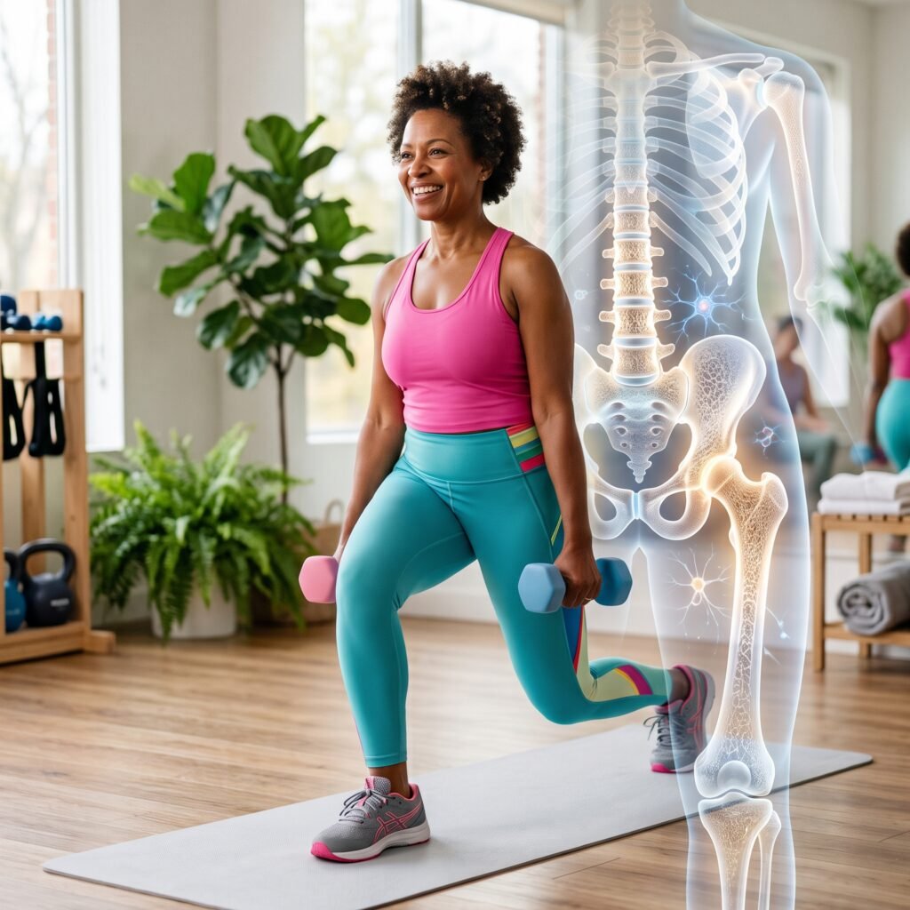 Educational visual explaining menopause bone changes and exercise support.