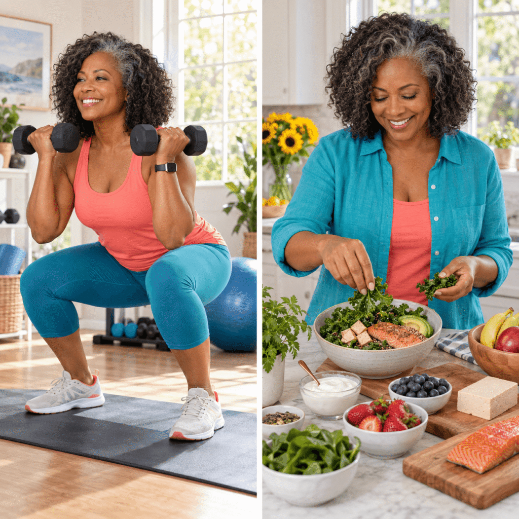 Smiling African American woman in her 50s strength training with dumbbells and preparing a calcium and protein rich meal