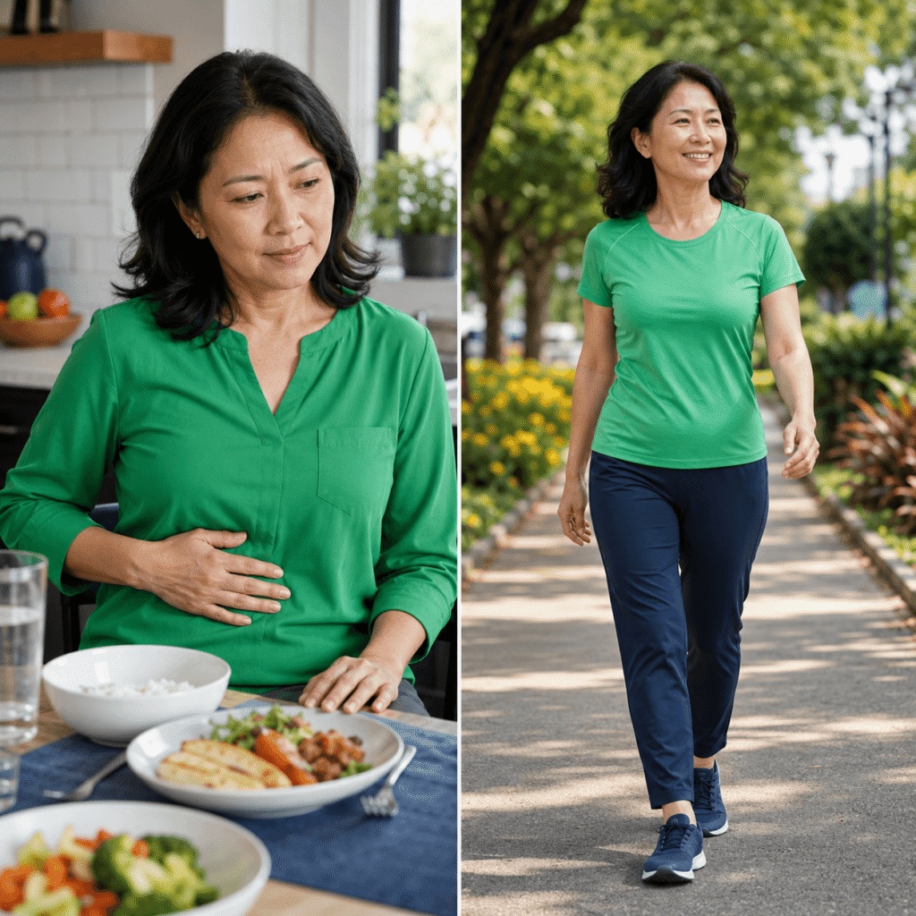 Latina woman tracking menopause bloating, constipation, diarrhea, and food-related discomfort
