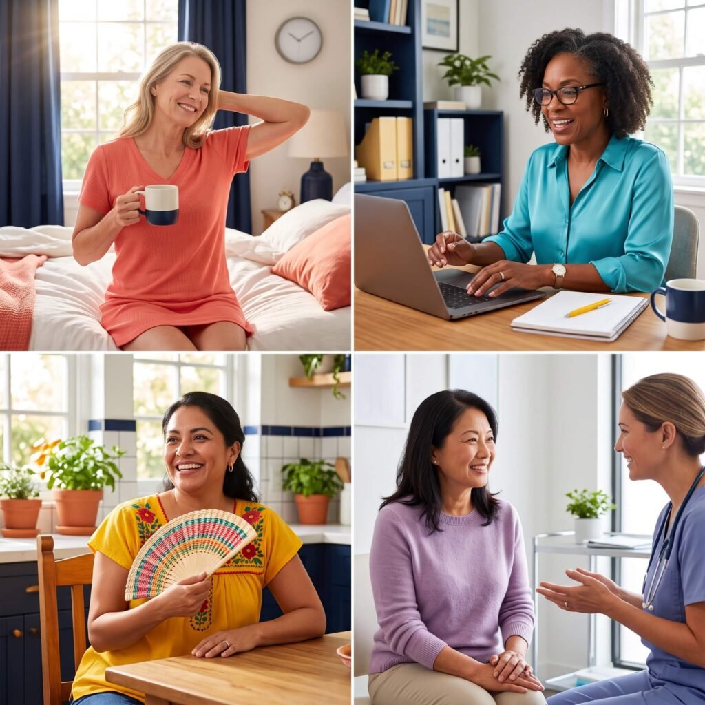 Four midlife women shown in separate everyday scenes involving poor sleep, stress, hot flashes and medical consultation
