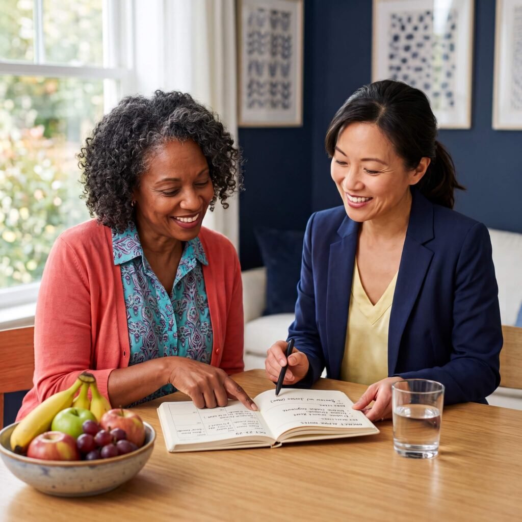 Woman discussing the difference between fluctuating menopause brain fog and progressive memory problems with a clinician