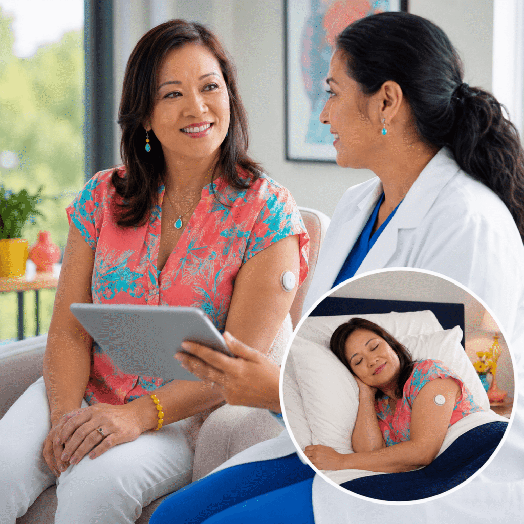 Woman in her 50s wearing an unbranded glucose sensor while discussing overnight readings with a clinician
