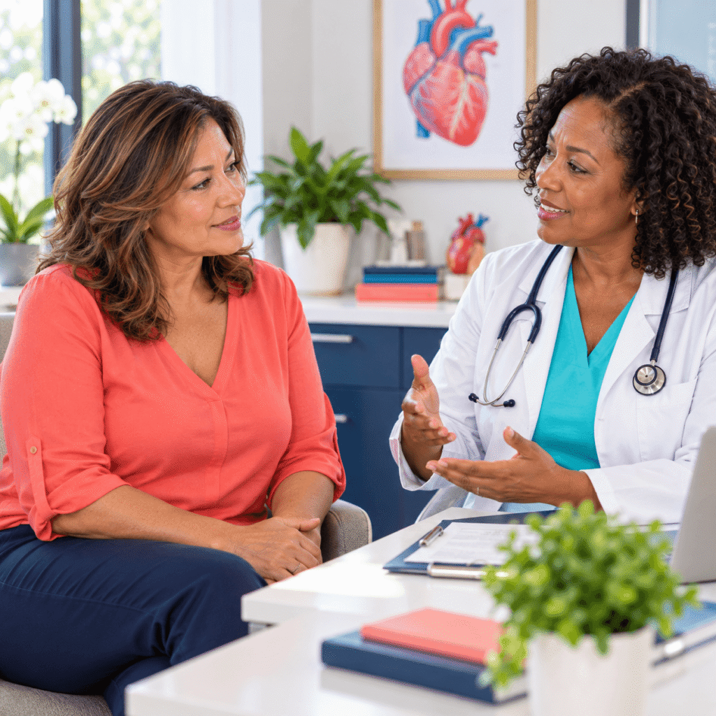 Woman Reviewing Menopause Cardiovascular Risk Factors With Her Doctor