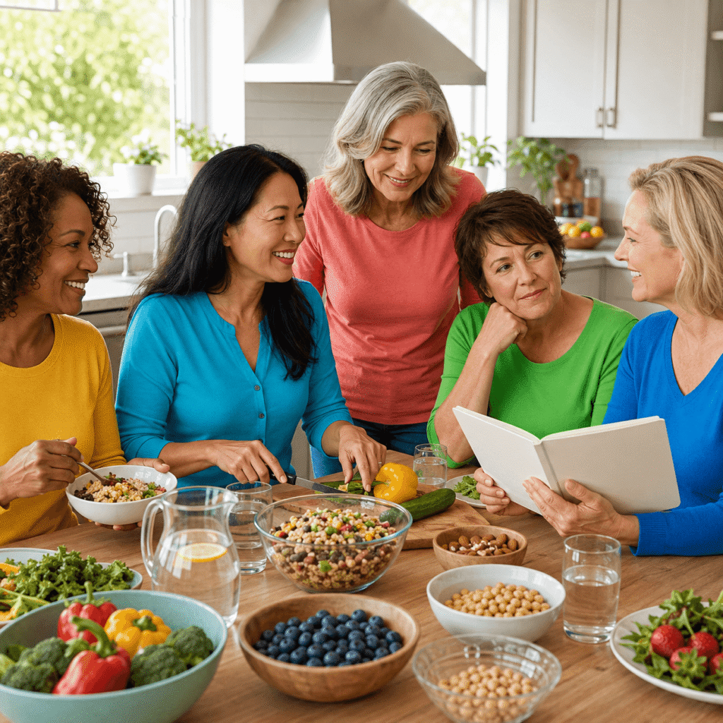 Diverse women in menopause sharing a colorful plant-rich lunch that supports general gut microbial diversity