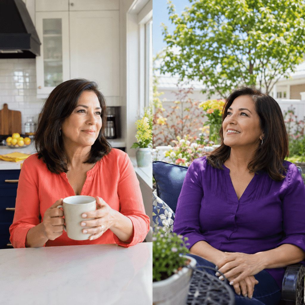 Asian American woman enjoying morning daylight on one side and resting peacefully at night on the other