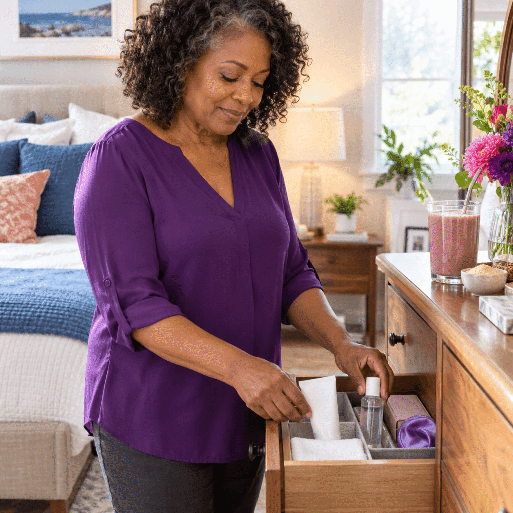 Black Woman Organizing Vaginal Moisturizer And Lubricant With A Maca Smoothie Nearby