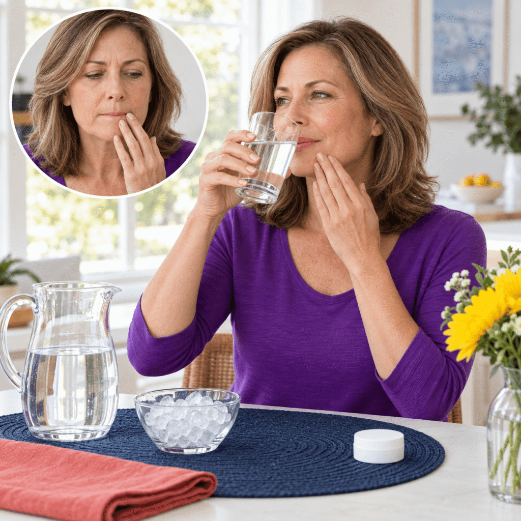 Woman Using Cool Water To Ease Menopause Dry Mouth Discomfort