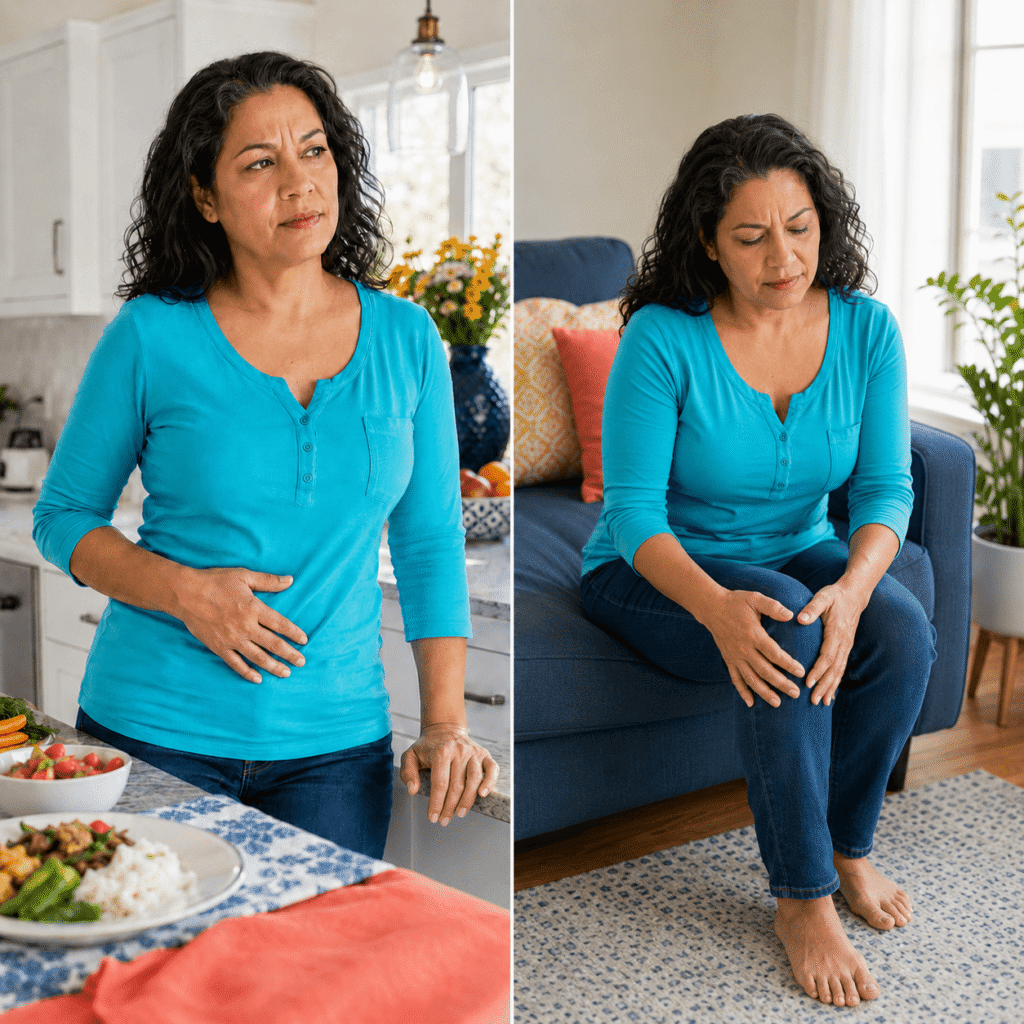 Latina woman comparing digestive discomfort with knee pain during menopause
