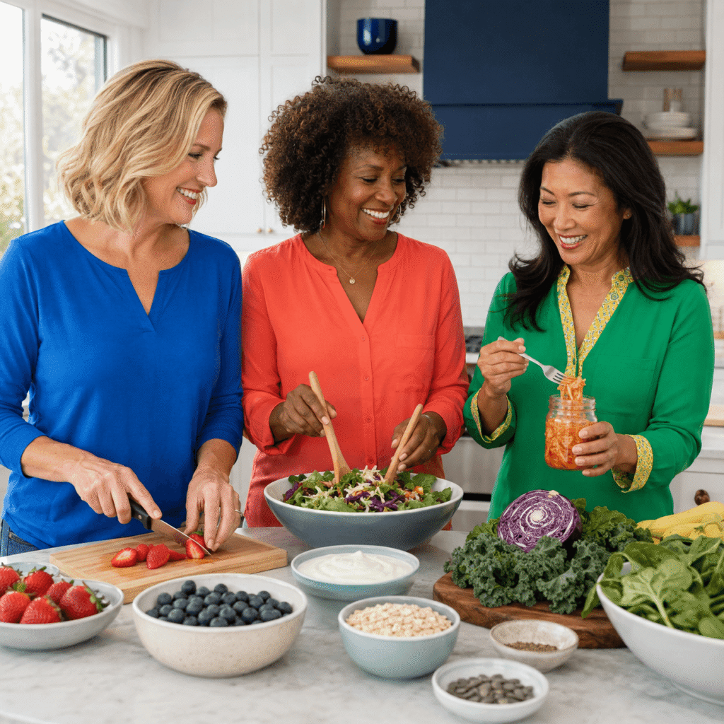 Three midlife women preparing a varied meal with fiber-rich and fermented foods in a bright kitchen