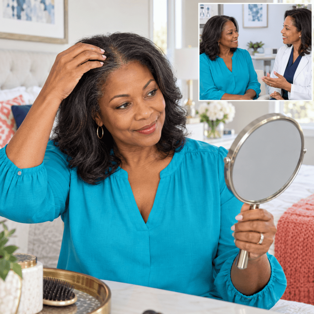 Midlife woman calmly examining thinning hair in a mirror