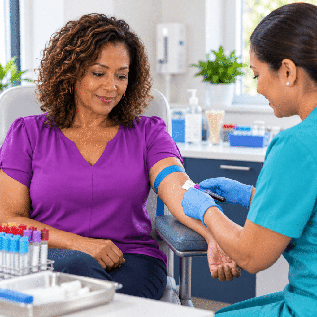 Woman Having Cardiovascular Blood Tests And Screening After Menopause