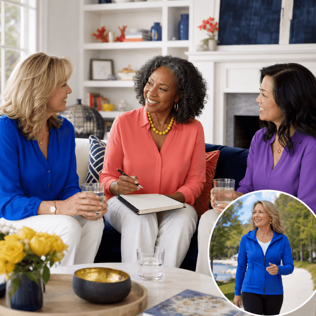 Three smiling women in midlife discussing sleep, focus and memory
