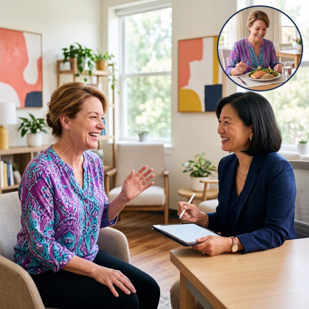 Woman discussing digestive changes during menopause with a female healthcare professional