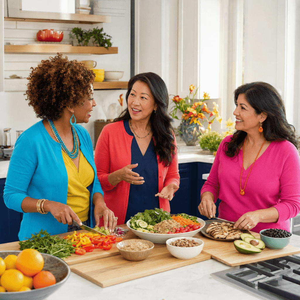 Three women in midlife preparing a balanced meal and discussing healthy routines during menopause