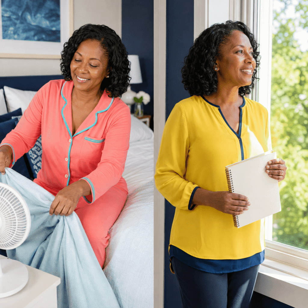 African American woman comparing a cool sleep environment with a calm morning routine during menopause